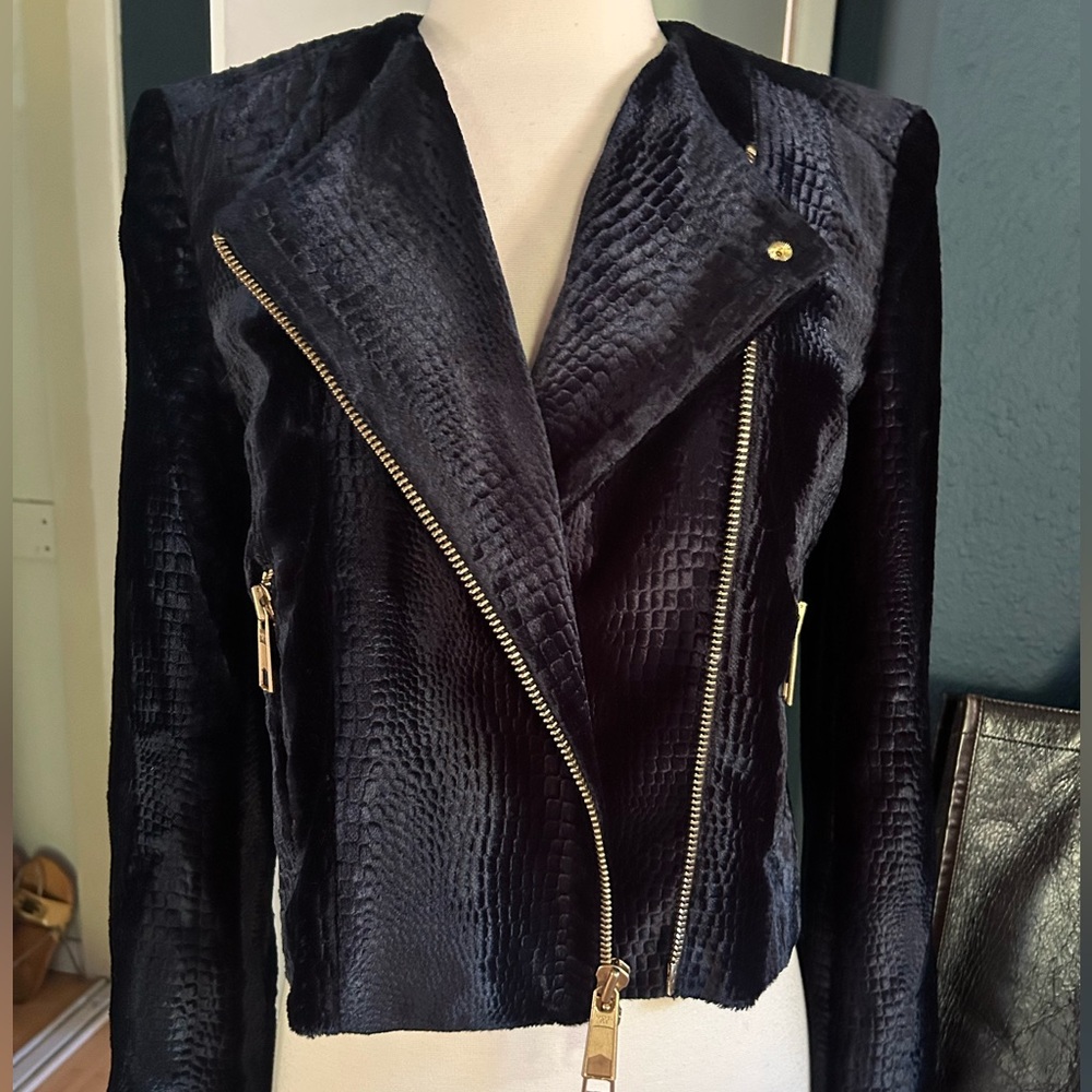 Rachel Zoe Black Textured Velvet Moto Jacket